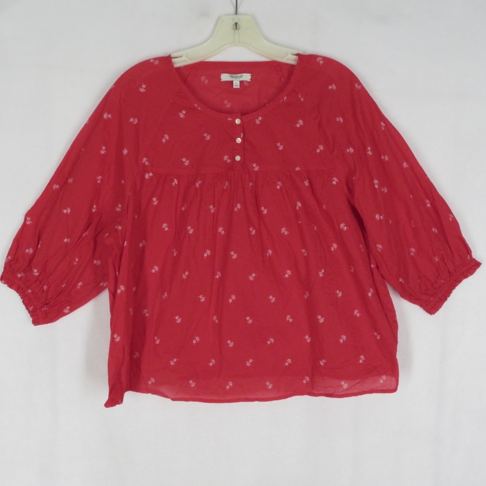 Madewell Red White Flowered Cotton Boho Top L